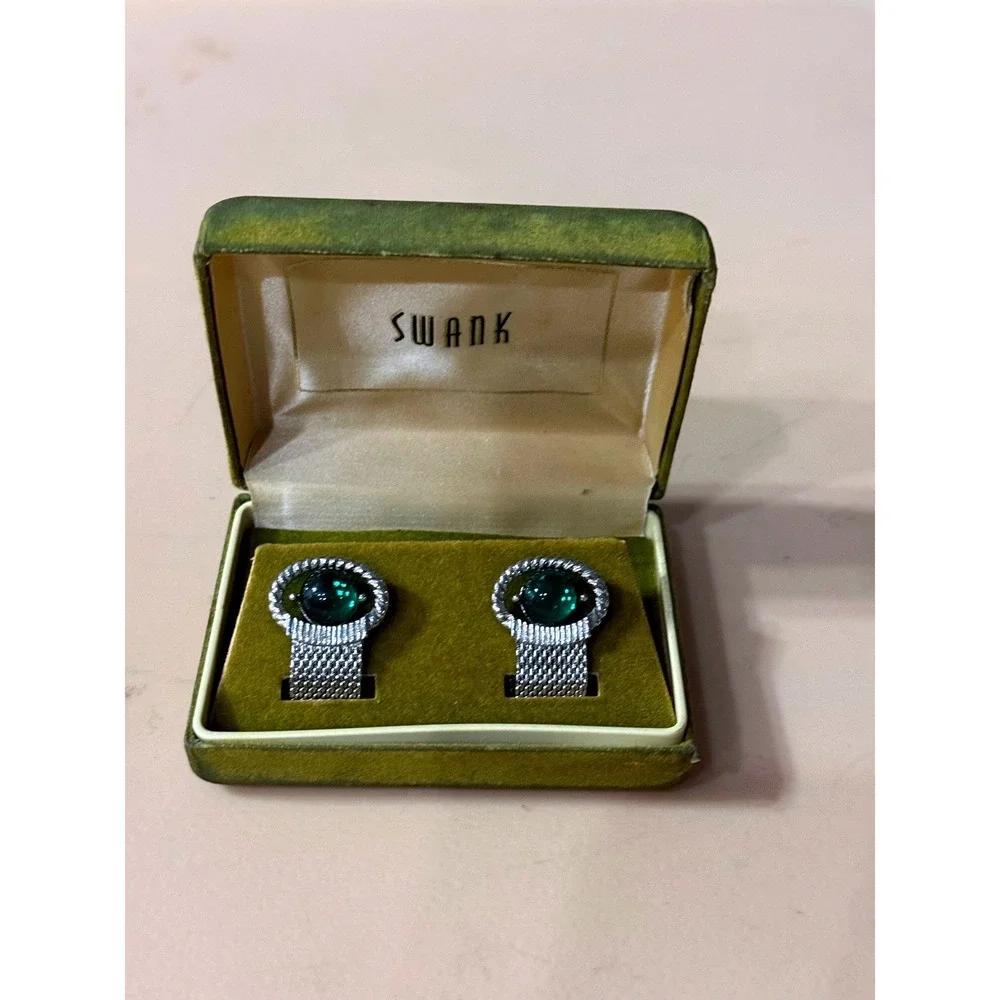 Vintage Mens Swank Silver Tone Green Cabochon Mesh Wrap Around Cufflinks‎ w Box